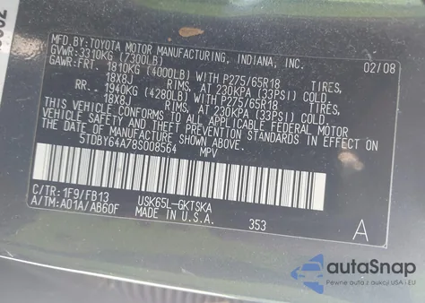 2008 Toyota Sequoia Sr5 5.7L V8 from USA, damaged, VIN 5TDBY64A78S008564